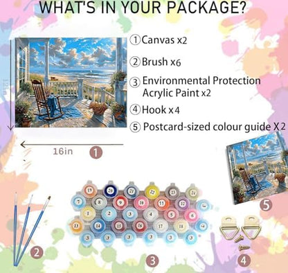 NEGEKFKX 2 Pack Beach Paint by Numbers Kit for Adults Beginner,Easy Adult Paint by Number Kits on Canvas DIY Painting for Beginners Art by Numbers for Home Wall Decor 16x12 Inch - Image 5