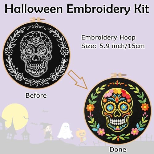 Nuberlic Sugar Skull Embroidery Kit for Beginners Adults Stamped Needlework - Image 3