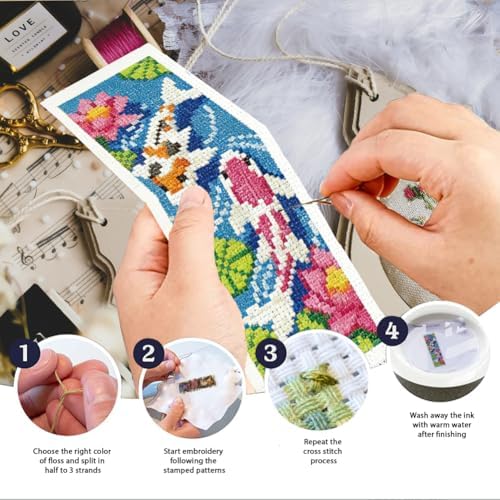 INFUNLY 6 Set Koi Fish DIY Cross Stitch Bookmark Kits for Adults Lotus Pond Counted Cross Stitch Kit with Instructions Koi Fishes Stamped Embroidery Bookmark Kit for Book Lovers Readers Gift - Image 4