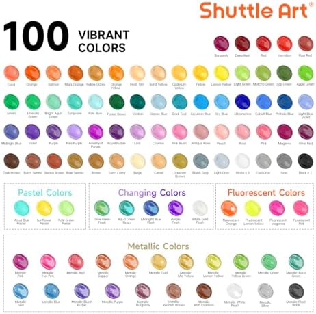 Shuttle Art 100 Colors Acrylic Paint, 2oz/60ml Bottles, Include 2 Sets of 12 Paint Brushes, 1 Art Sponge & Palette, Premium for Artists, Beginners & Kids on Canvas Rocks Wood Ceramic - Image 3