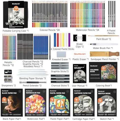 Shuttle Art 124 PCS Drawing Kit, Professional Drawing Supplies with Sketch, Charcoal, Colored, Graphite, Pastel Pencils & Sticks, Complete Drawing Tools and Paper Pads in Zipper Case for Artists&Kids - Image 2