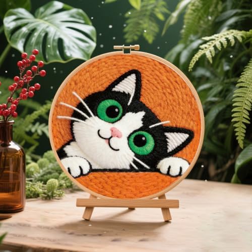 BEUNITONE 2Pcs Cute Cat Punch Needle Kit for Beginners, Starter Embroidery Kits with Frame & Instructions, Needle Felting Kit Poke Art for Adults DIY Handmade Craft for Coasters, Bags, Clothes Decor - Image 6