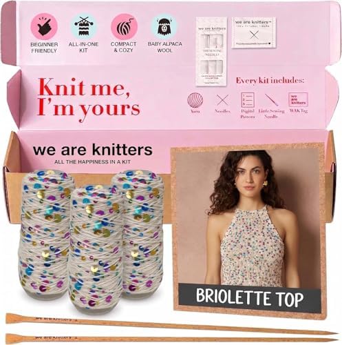 We Are Knitters Briolette Top Knitting Kit | Limited Edition DIY Knitting Kit for Women | Beginner-Friendly Top Kit with 3 Dancing Queen Opalite Cotton Yarn, Pattern & 1 Needles by WEAREKNITTERS