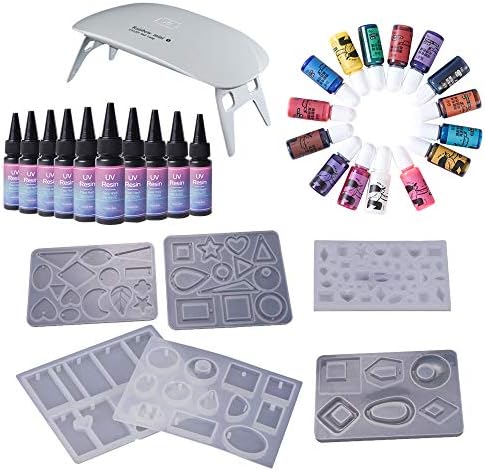 10pcs Clear UV Resin + 6 Silicone Molds + Mini UV Lamp + Liquid Pigment, New Formula UV Resin with 6 Earrings Pendants Molds with Solid Colour Liquid Pigment Dyes for Jewelry Making, Resin Crafts DIY by VidaRosa