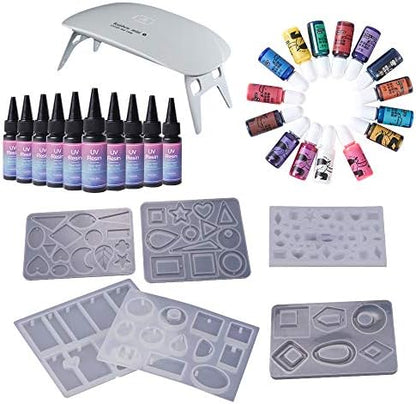 10pcs Clear UV Resin + 6 Silicone Molds + Mini UV Lamp + Liquid Pigment, New Formula UV Resin with 6 Earrings Pendants Molds with Solid Colour Liquid Pigment Dyes for Jewelry Making, Resin Crafts DIY by VidaRosa