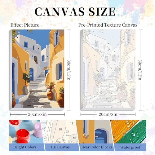 Camocin Framed Paint by Numbers Kit for Adults Beginner - Santorini Street Paint by Number Canvas with Frame, DIY Coastal Landscape Acrylic Painting Kit for Stress Relief Home Wall Decor 8x12 Inch - Image 3
