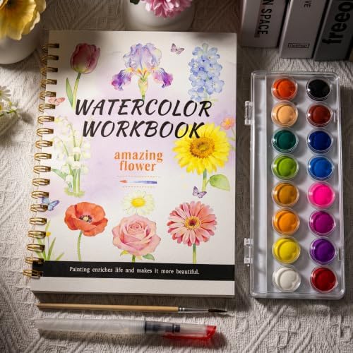 SATFOIV Floral Theme Watercolor Workbooks Set, 16-Color Watercolor Paint+Removable Palette, can Hold Water Watercolor Pens+Watercolor Brushes,14 Beautiful Paintings+2-Page Beginner's Guide - Image 4