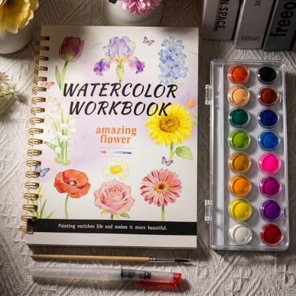 SATFOIV Floral Theme Watercolor Workbooks Set, 16-Color Watercolor Paint+Removable Palette, can Hold Water Watercolor Pens+Watercolor Brushes,14 Beautiful Paintings+2-Page Beginner's Guide - Image 4