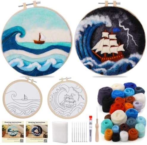 QMNNMA Needle Felting Kits, Wool Felting Kit with Picture Frame, Foam Pad, Felt Cloth, and Instructions, Needle Felt Painting Kit for Home Decoration (Sea Waves and Sailboats) by Qmnnma
