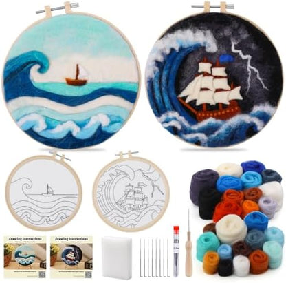 QMNNMA Needle Felting Kits, Wool Felting Kit with Picture Frame, Foam Pad, Felt Cloth, and Instructions, Needle Felt Painting Kit for Home Decoration (Sea Waves and Sailboats) by Qmnnma