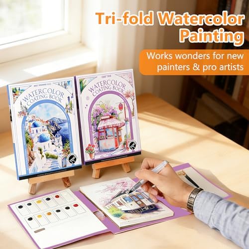 Mulyric 2-Pack Watercolor Painting Books for Adults & Beginners - All-in-One Creative Stress Relief Art Kit with 3-Fold Pad, 32 Pre-Printed Pages, 24 Colors & 2 Brushes (European + Serene Scenery) - Image 2