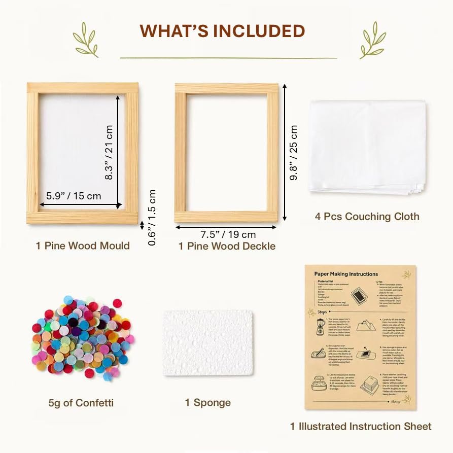 A5 Papermaking Paper Making Screen Kit with Pine Wood Mould and Deckle Set, Couching Cloth, Sponge, Confetti & Instructions for DIY Handmade Paper of 5 7/8" x 8 1/4", 15 * 21 cm - Image 2