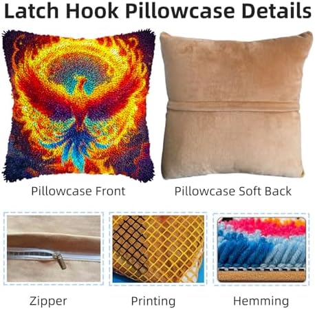 DIY Latch Hook Pillow Kits Phoenix Flying Colorful Flames Printed Pillowcase Crochet Yarns Hooking Handmade Pillow Cover Cushion for Home Sofa Decoration 17x17inch-2 - Image 3