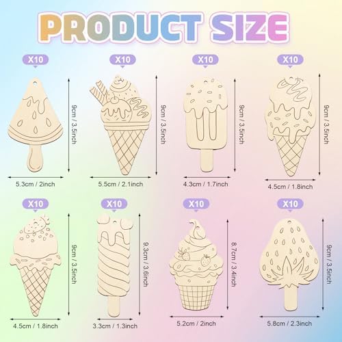 80PCS Wooden Ice Cream Cutouts Ornaments to Paint,Summer Decorations 8 Styles DIY Blank Unfinished Wood Cutouts Ornament for Crafts Hanging Decorations - Image 7