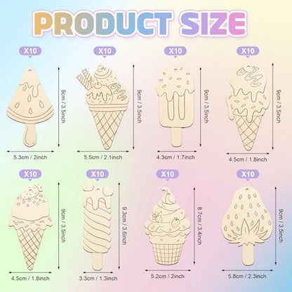 80PCS Wooden Ice Cream Cutouts Ornaments to Paint,Summer Decorations 8 Styles DIY Blank Unfinished Wood Cutouts Ornament for Crafts Hanging Decorations - Image 7