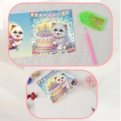 JISHSHAY 6 PCS Diamond Painting Greeting Cards Cat Diamond Art Happy Birthday Cards with Envelopes Gem Art Animal Mosaic Kits for Adults, for Anniversary Valentine Thank You Graduation All-Occasion - Image 6