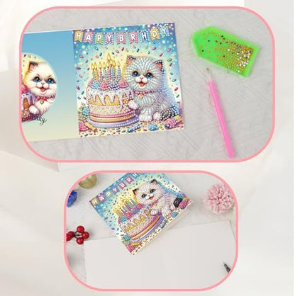JISHSHAY 6 PCS Diamond Painting Greeting Cards Cat Diamond Art Happy Birthday Cards with Envelopes Gem Art Animal Mosaic Kits for Adults, for Anniversary Valentine Thank You Graduation All-Occasion - Image 6