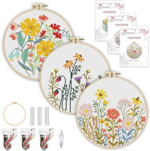 3 Pack Stamped Cross Stitch Kits for Beginners-Wild Flowers,with Hoop by TCDZMYGS