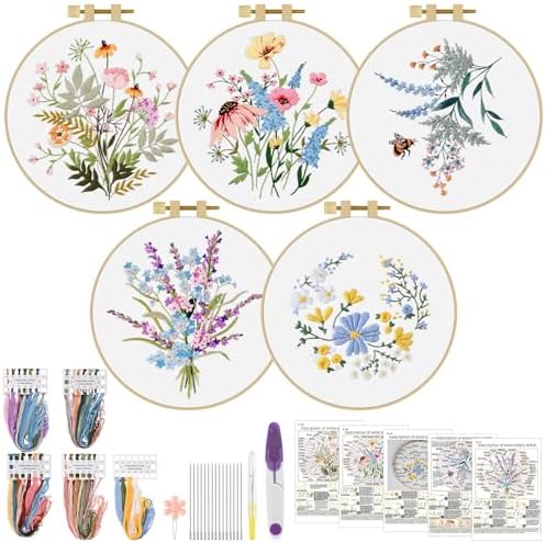 ERKOON Embroidery Kit for Beginners, 5 Sets Flower Cross Stitch Set for Adults Include Embroidery Cloth Hoops Threads for Craft Lover Hand Stitch with Skill Techniques (Flower) by ERKOON