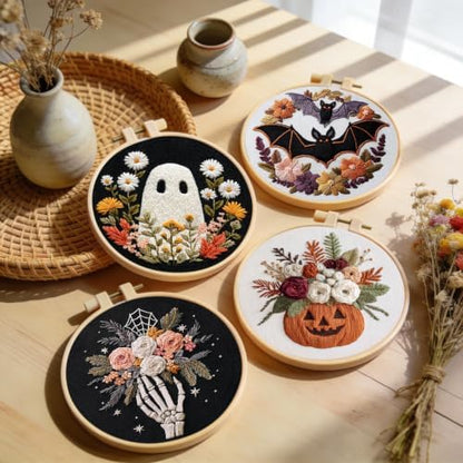 Santune Halloween Embroidery kit,Fall Needlepoint Cross Stitch Kits for Beginners Adult,Needle Point Sets,4 Embroidery,2 Hoops,Halloween Ornaments - Image 4