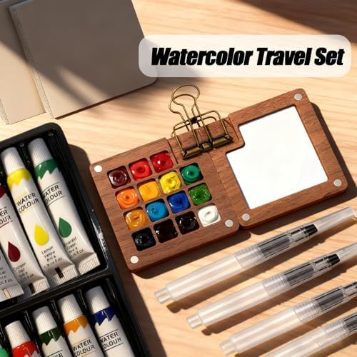 Tobeno1 Mini Watercolor Paint Set, Wooden Mini Portable Paint Palette Travel Kit, with Paint, Brush, Sketchbook & Copper Clip, for Beginners, Artists & Painting Enthusiasts (1 Set) - Image 3