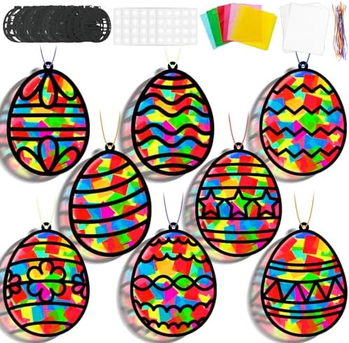 Lonfliness 32 Sets Easter Suncatchers Craft Kit DIY Egg Window Stained Glass Effect Paper Basket Style Home School Classroom Decorations Spring Art Craft Creative Games Activity Project Gift Favor by Lonfliness