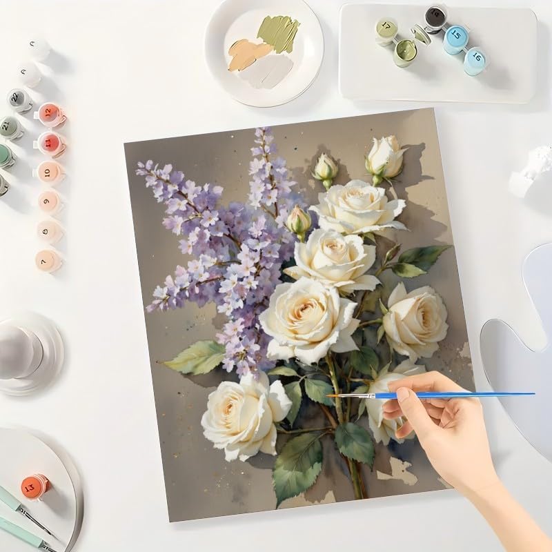 Floral Still Life Paint by Numbers Kit for Adults - DIY White Roses and Lilacs Bouquet Painting on Canvas 16x20In, Framed Acrylic Paint Set, Suitable for Beginners, Botanical Art for Decoration - Image 3