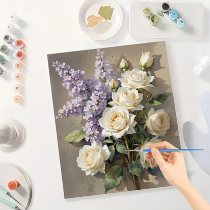 Floral Still Life Paint by Numbers Kit for Adults - DIY White Roses and Lilacs Bouquet Painting on Canvas 8x12In, Framed Acrylic Paint Set, Suitable for Beginners, Botanical Art for Decoration - Image 3