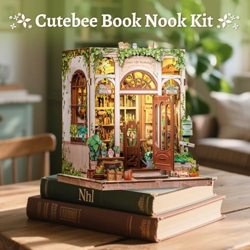CUTEBEE Book Nook Kit - DIY Miniature House Dollhouse Kit for Adults and Teens, Booknook Tiny House Bookshelf 3D Wooden Puzzle, Gifts for Family (Green Life Bookshop) - Image 6
