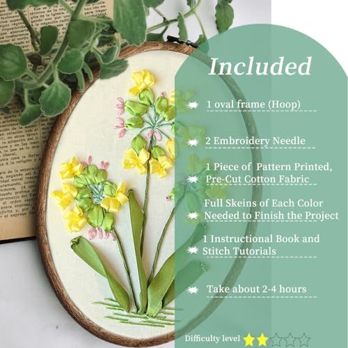 FONNUY Ribbon Embroidery 3D Flowers Pattern Design Kit Embroidery DIY Handwork Set Oval Home Decoration (Yellow Camellia) - Image 2