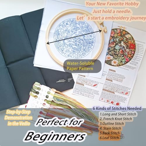 FONNUY Embroidery Kit for Beginners, Birds with Flowers Pre-Stamped Pattern Kits for Adults with Hoop, Easy to Follow Color Thread Needlework, 8'' Hoop (Blue) - Image 5