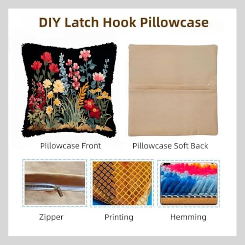 DIY Latch Hook Pillow Kit Wild Flowers with Black 43x43cm-2 - Image 2