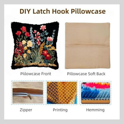 DIY Latch Hook Pillow Kit Wild Flowers with Black 43x43cm-2 - Image 2