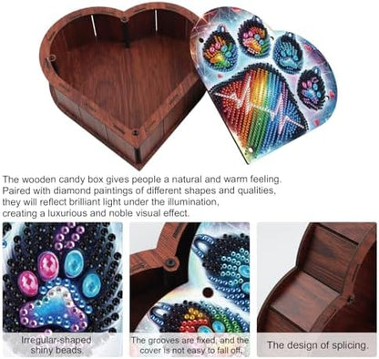 DIY Diamond Painting Storage Box Kit, Heart-Shaped Wooden Special Shaped Diamond Art Organizer for Small Accessories or Jewelry, Decorative Gift Case for Desktop Display (Rainbow Paw) - Image 4