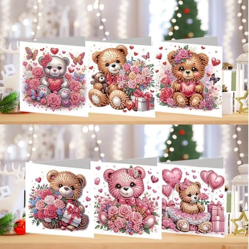jinglinhh 6pcs Bear Rose Flowers Heart-Shaped Balloon Gifts Diamond Art Painting Greeting Cards with Envelopes, DIY Card Making Kits for Adults, Diamond Art Postcards Christmas Cards Craft Gifts - Image 4