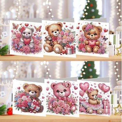 jinglinhh 6pcs Bear Rose Flowers Heart-Shaped Balloon Gifts Diamond Art Painting Greeting Cards with Envelopes, DIY Card Making Kits for Adults, Diamond Art Postcards Christmas Cards Craft Gifts - Image 4