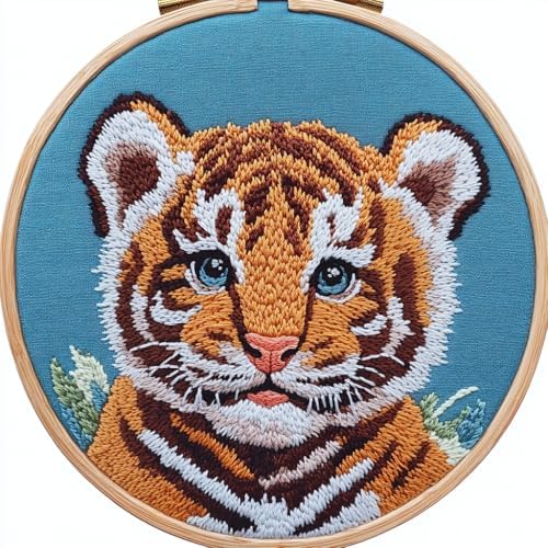 DIY Punch Needle Kits Cartoon Tiger Portrait with Hoop 20x20cm-1 by Unknown