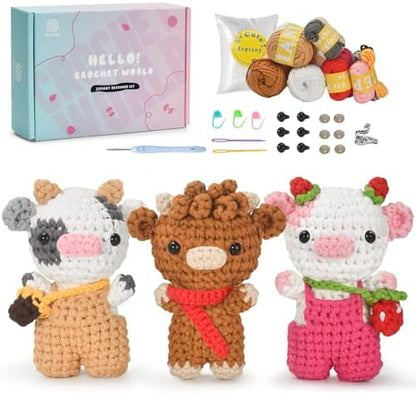 Zepiany Crochet Kit for Beginners 3 PCS Amigurumi Animal Cows Starter Kit Step-by-Step Video Tutorials DIY Craft Gifts for Adults Knitting Lovers Mother Teacher Graduates with 40% Extra Yarn by CrochetKits