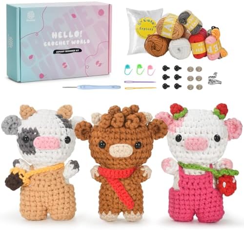 Zepiany Crochet Kit for Beginners 3 PCS Amigurumi Animal Cows Starter Kit Step-by-Step Video Tutorials DIY Craft Gifts for Adults Knitting Lovers Mother Teacher Graduates with 40% Extra Yarn by CrochetKits