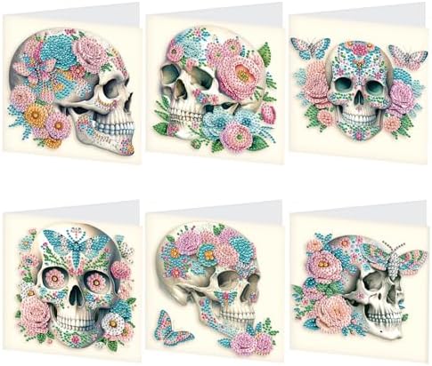 6-Pack Flower Skulls Diamond Painting Greeting Card Kits, Special Shaped Diamonds Painting, DIY Handcraft for Relatives and Friends with Wishes,Unique Design Crafting for Birthday or Holiday Cards by PremiumDiamondArt