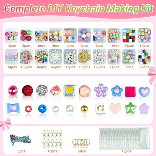 854PCS Beaded Keychain Making Kit with Gift Bags for Girls, Y2K Preppy Bag Charm & Phone Lanyard Craft Supplies, Friendship Bracelet Jewelry Kit with Letter, Pearl, Rhinestone & Gold Spacer Beads - Image 2