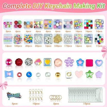 854PCS Beaded Keychain Making Kit with Gift Bags for Girls, Y2K Preppy Bag Charm & Phone Lanyard Craft Supplies, Friendship Bracelet Jewelry Kit with Letter, Pearl, Rhinestone & Gold Spacer Beads - Image 2