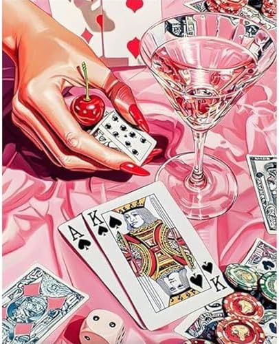 Paint by Numbers Kit for Adults, Pink Cocktail & Playing Cards, 16x20 Inch by Okarina