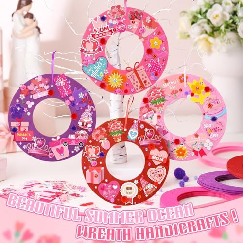 Wavwavw 472 Pcs Mother's Day Craft Kits Flower DIY Wreath Craft Kit Mother's Day Wreath Arts Decorations with Tulip Heart Flower Stickers for Mom Gift - Image 6