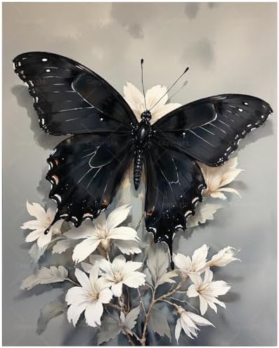 Butterfly Paint by Numbers Kit for Adults - DIY Black Butterfly on White Flowers Painting on Canvas, Acrylic Paint Set, Suitable for Beginners, Art for Home Decoration or Gifts(12X16IN Framed) by Unknown