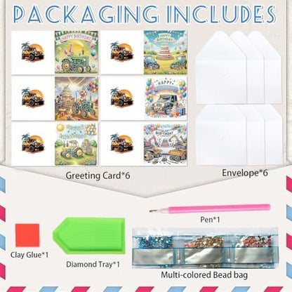 jinglinhh 6pcs Diamond Art Painting Happy Birthday Tractor Truck Excavator Cake Dog Puppy Greeting Cards with Envelopes, DIY Card Making Kits for Adults, Diamond Art Postcards Christmas Cards Craft Gifts - Image 3