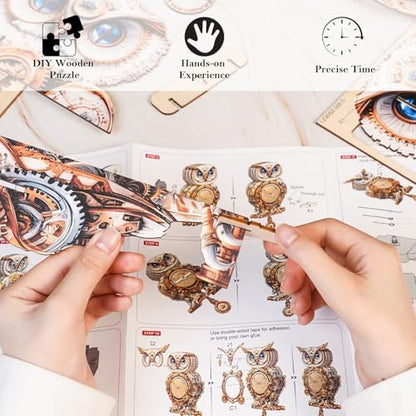 3D Puzzles for Adults, Cute Owl Wall Clock 3D Wooden Puzzles Clock Kits for DIY Birthday Gift for Women Men Home Decor Holiday Christmas - Image 5