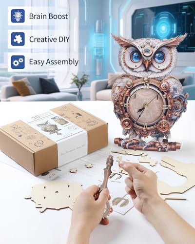 3D Puzzles for Adults-Wooden Owl Clock Puzzle DIY Wall Clock Model Kit - Image 4