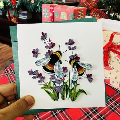 Quilling Cards, handmade card, quilled cards with Dedicated Paper, quilling birthday cards for women or all occasions: Mother's day, Father's day, Birthday... daisy bouquet (Lavender and bees) - Image 3