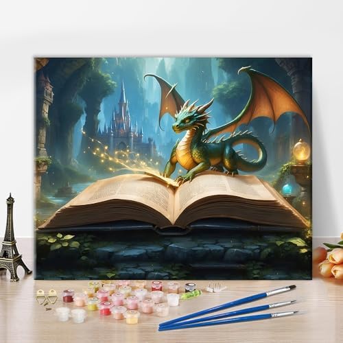 Rebotipy Mysterious Open Book and Dragon Paint by Numbers Adult Canvas Kit by Rebotipy